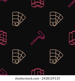 Set line Paint spray can, Color palette guide and roller brush on seamless pattern. Vector
