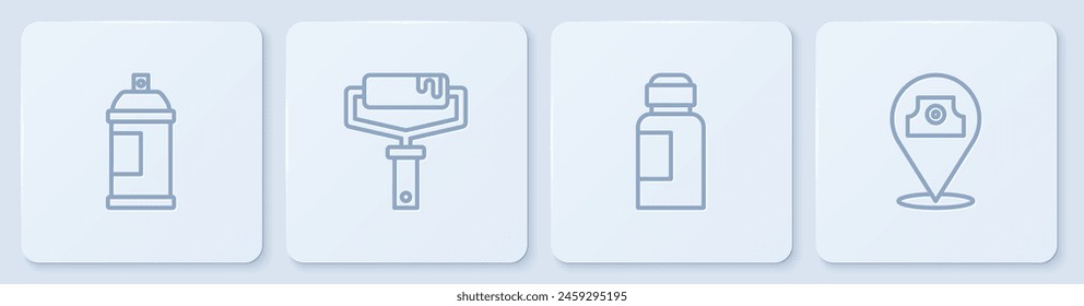 Set line Paint spray can, Paint, gouache, jar, dye, roller brush and . White square button. Vector