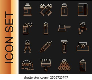 Set-Linie Paint Spray Dose, Spray Düse Kappe, Pistole, Paint, Gouache, Glas, Farbstoff und Symbol. Vektorgrafik