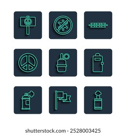 Set line Paint spray can, Location marker, Hand grenade, Barbed wire, Peace,  and Police assault shield icon. Vector