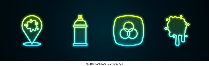 Set line Spray de pintura, lata, mezcla de colores RGB y CMYK y . Icono de neón brillante. Vector