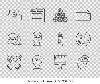 Set line Paint spray can, Spray nozzle cap, Balaclava, brush and Smile face icon. Vector