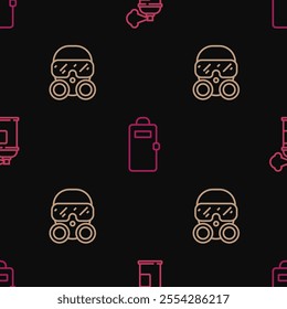 Set line Paint spray can, Gas mask and Police assault shield on seamless pattern. Vector