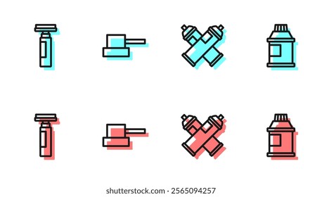 Set line Paint spray can, Marker pen, Spray nozzle cap and Paint, gouache, jar, dye icon. Vector