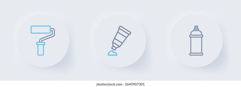 Set line Paint spray can, Tube with paint palette and roller brush icon. Vector