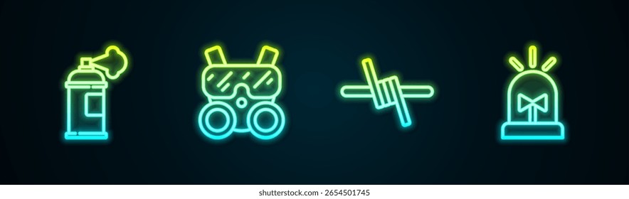Set line Lata de pintura, máscara de gas, alambre de púas y sirena Flasher. Icono de neón brillante. Vector