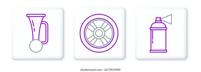 Set line Paint spray can, Signal horn on vehicle and Car wheel icon. Vector