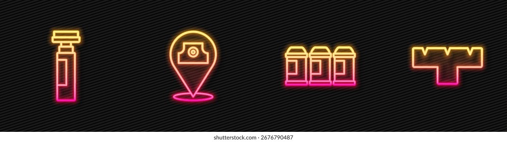 Set line Lata de pintura, rotulador y accesorio. Icono de neón brillante. Vector