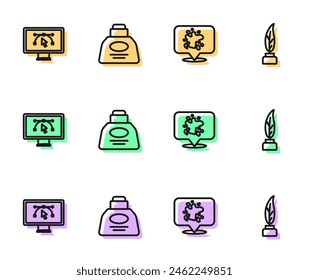Set line Paint spray, Computer with design program, Inkwell and Feather and inkwell icon. Vector