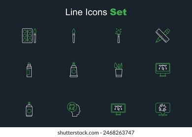 Set line Paint spray, Computer with design program, can, Pencil case stationery, Tube paint palette and Marker pen icon. Vector