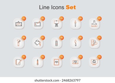 Set line Paint spray, Computer with design program, Pencil eraser, Notebook, Color palette guide, Palette knife and Stationery icon. Vector