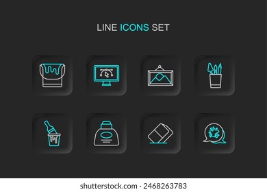 Set line Paint spray, Eraser or rubber, Inkwell, bucket with brush, Pencil case stationery, Picture landscape, Computer design program and  icon. Vector