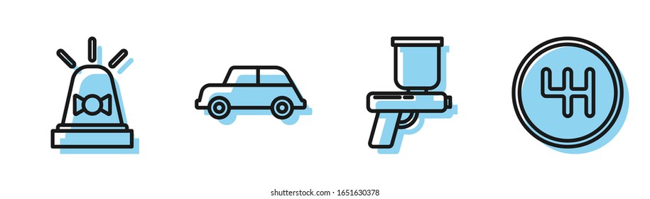 Ajuste la línea Paint spray gun, sirena Flasher, icono del Camión y del selector de velocidades. Vector