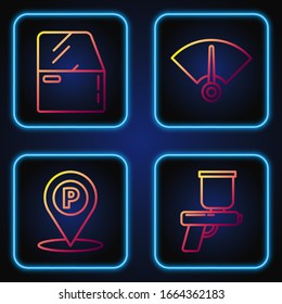 Set line Paint spray gun, Location with parking, Car door and Speedometer. Gradient color icons. Vector