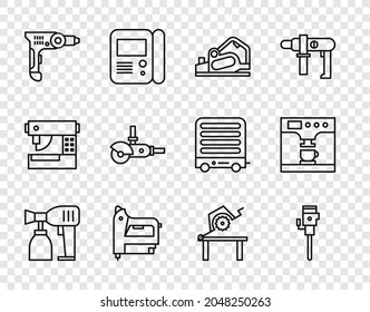 Fijar línea Paint spray gun, jackhammer de construcción, herramienta de planeamiento eléctrico, grapadora de construcción, máquina de perforación, molinador de ángulo, sierra de mesa para carpintería e icono de café y taza. Vector