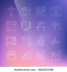 Set Linie Paint Spray Pistole, Angle Schleifmaschine, Elektrische Bohrmaschine, Vending, Smart Tv, Mixer, Konstruktionsjackhammer und Tischsäge für Holzarbeiten Symbol. Vektorgrafik