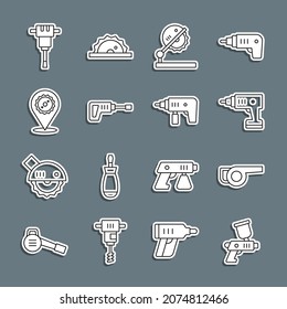 Set line Paint spray gun, Leaf garden blower, Electric cordless screwdriver, Table saw for woodwork, Rotary hammer drill machine, Circular blade, Construction jackhammer and  icon. Vector