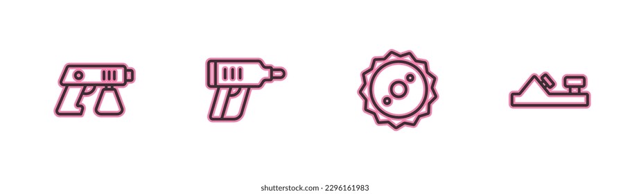 Set line Paint spray gun, Circular saw blade, Electric cordless screwdriver and Wood plane tool icon. Vector
