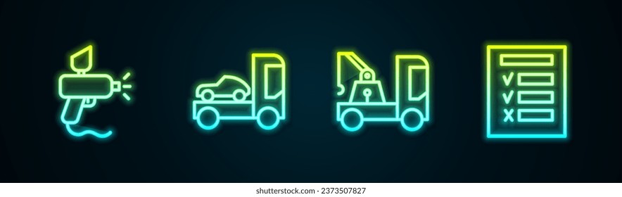 Set line Paint spray gun, Car transporter truck, Tow and inspection. Glowing neon icon. Vector