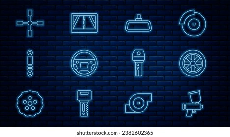 Set line Paint spray gun, Car wheel, mirror, Steering, Shock absorber, Wheel wrench, key with remote and Gps device map icon. Vector