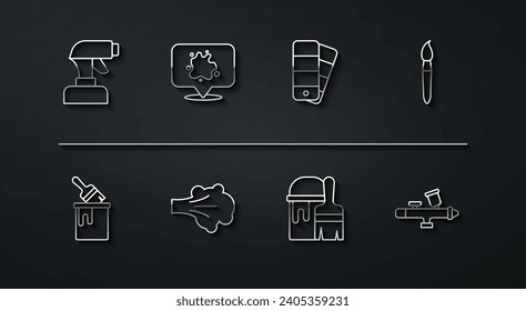 Set line Paint spray gun, bucket with brush,  and Color palette guide icon. Vector