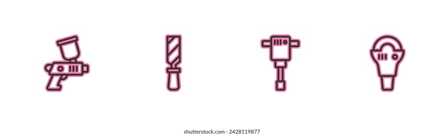 Set line Paint spray gun, Construction jackhammer, Rasp metal file and Angle grinder icon. Vector