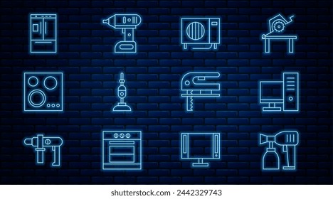 Set line Paint spray gun, Computer monitor, Air conditioner, Vacuum cleaner, Gas stove, Refrigerator, Electric jigsaw and cordless screwdriver icon. Vector