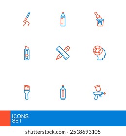 Pistola de pintura, rotulador, pincel, cuchillo de papelería, Regla cruzada y lápiz, cubo con e ícono. Vector