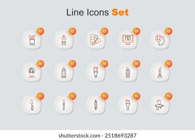 Pistola de pintura, pincel, rotulador, cuchillo de paleta, pluma y tintero, papelería e icono. Vector