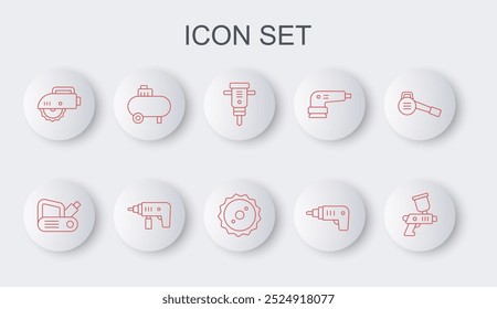 Pistola de pulverización de pintura, herramienta de cepilladora eléctrica, martillo neumático de construcción, destornillador inalámbrico, sierra circular, compresor de aire, máquina de perforación e icono de hoja circular. Vector