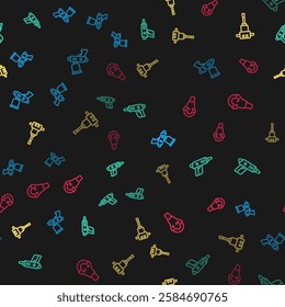 Set line Paint spray gun, Electric cordless screwdriver, Construction jackhammer and Angle grinder on seamless pattern. Vector