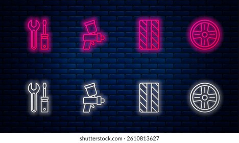 Set line Paint spray gun, Car tire wheel, Screwdriver and wrench spanner and Alloy. Glowing neon icon on brick wall. Vector