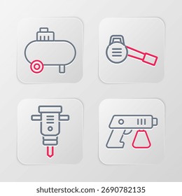 Pistola de pintura, martillo neumático de construcción, soplador de jardín de hojas e icono de compresor de aire. Vector