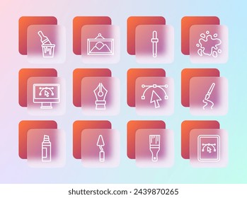 Set line Paint spray, Palette knife, Bezier curve, brush, Fountain pen nib, Eyedropper color picker palette, bucket with and Picture landscape icon. Vector