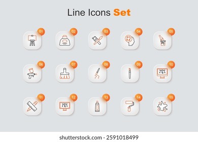 Set line Paint spray, roller brush, Tube with paint palette, Computer design program, Crossed ruler and pencil,  and  icon. Vector