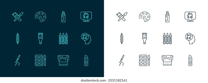 Set line Paint spray, Watercolor paints box, Wax crayons for drawing, bucket, brush, Marker pen,  and Palette icon. Vector