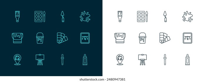 Set line Paint spray, Wood easel, Color palette guide, Eyedropper color picker, bucket, Palette knife, brush and Watercolor paints box icon. Vector