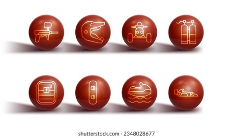 Fijar la línea de pistola de baloncesto, kit de primeros auxilios, Aqualung, moto acuática, snowboard, casco para motocicletas Motocross, coche de carreras de Fórmula 1 e icono ATV. Vector