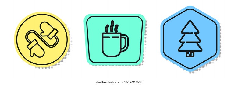 Set line Pair of knitted christmas mittens, Coffee cup and Christmas tree. Colored shapes. Vector