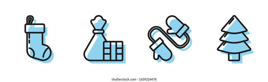 Set line Pair of knitted christmas mittens, Christmas stocking, Gift box and bag and Christmas tree icon. Vector