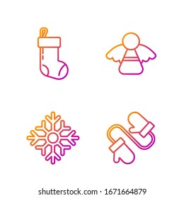 Set line Pair of knitted christmas mittens, Snowflake, Christmas stocking and Christmas angel. Gradient color icons. Vector