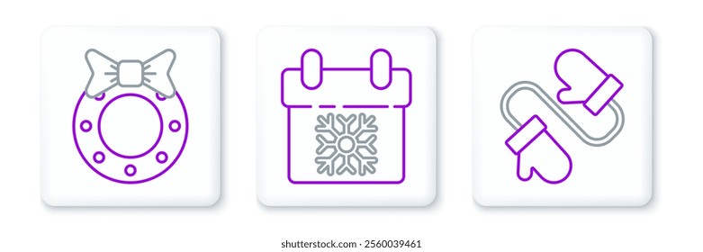 Set line Pair of knitted christmas mittens, Christmas wreath and Calendar icon. Vector