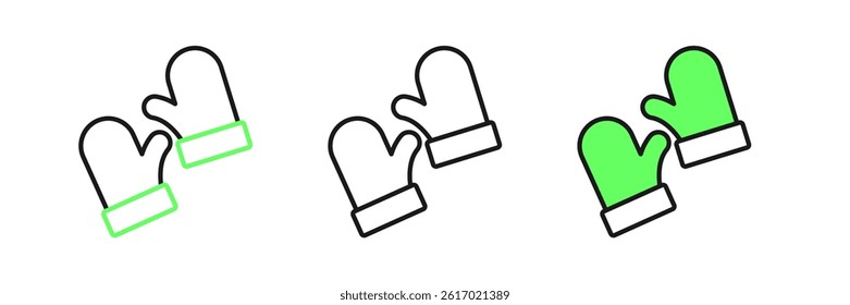 Set line Pair of knitted christmas mittens icon isolated on white background. Mitten icon. Merry Christmas and Happy New Year.  Vector