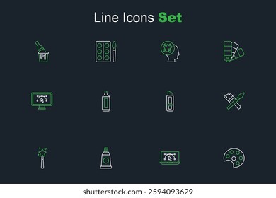 Set line Palette, Computer with design program, Tube paint palette, Magic wand, Paint brush, Stationery knife, Marker pen and  icon. Vector