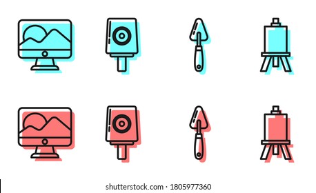 Set line Palette knife, Computer monitor screen, Spray can nozzle cap and Easel or painting art boards icon. Vector