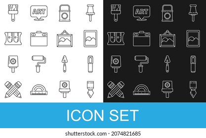 Fijar la línea Cuchilla de paleta, Pluma de marcador, Comprimido gráfico, Cubo de pintura, Afilador de lápiz, pincel e icono de paisaje de imagen. Vector