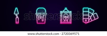 Set line Palette knife, Paint bucket, Picture and Color palette guide. Glowing neon icon. Vector