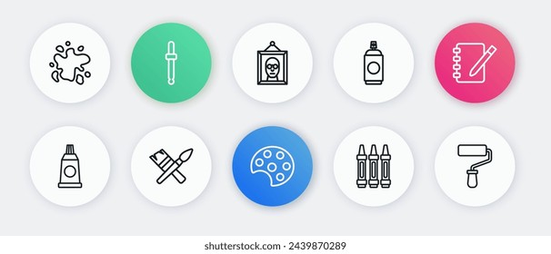 Set line Palette, Notebook, Tube with paint palette, Wax crayons for drawing, Paint spray can, Picture, roller brush and  icon. Vector