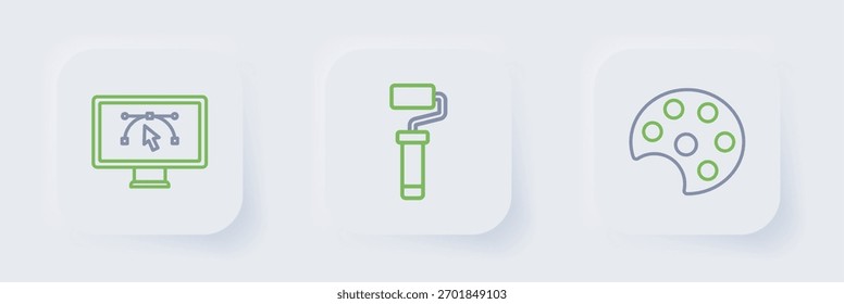 Set line Palette, Paint roller brush and Computer with design program icon. Vector