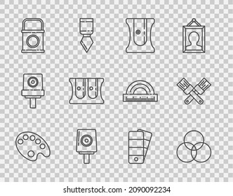 Set line Palette, RGB and CMYK color mixing, Pencil sharpener, Spray can nozzle cap, Paint bucket,  and Crossed paint brush icon. Vector